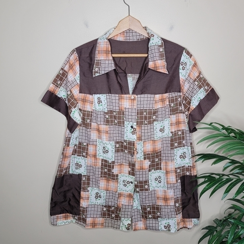 Vintage Brown & Orange Patchwork Snap Button Front Short Sleeve Shirt Pockets